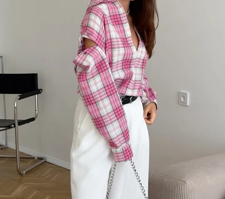 

Pink Plaid Shirt for Women in Europe and America New Versatile Loose Shirt for Women Removable Long-sleeved Lapel Top