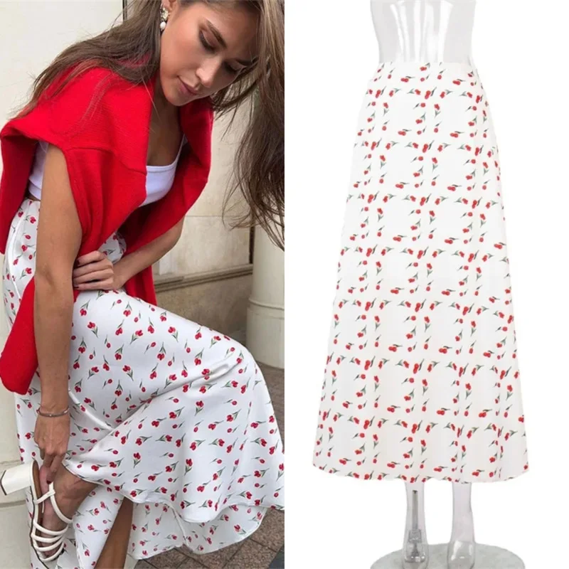 

Spring Elegant High-Waist A-Line Mermaid Skirt Realistic Cherry Print Midi Skirt New Fashionable Women's Floral Print Midi Skirt