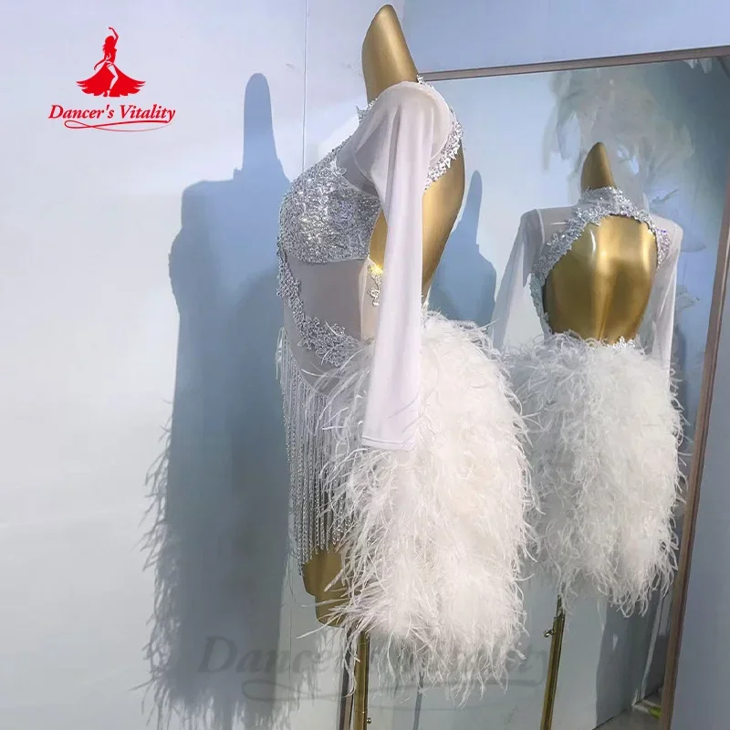 Latin Dance Costume High End Customized Luxury Rhinestones Tassel Feather Dress Women\'s Samba Rumba Tango Performance Clothing