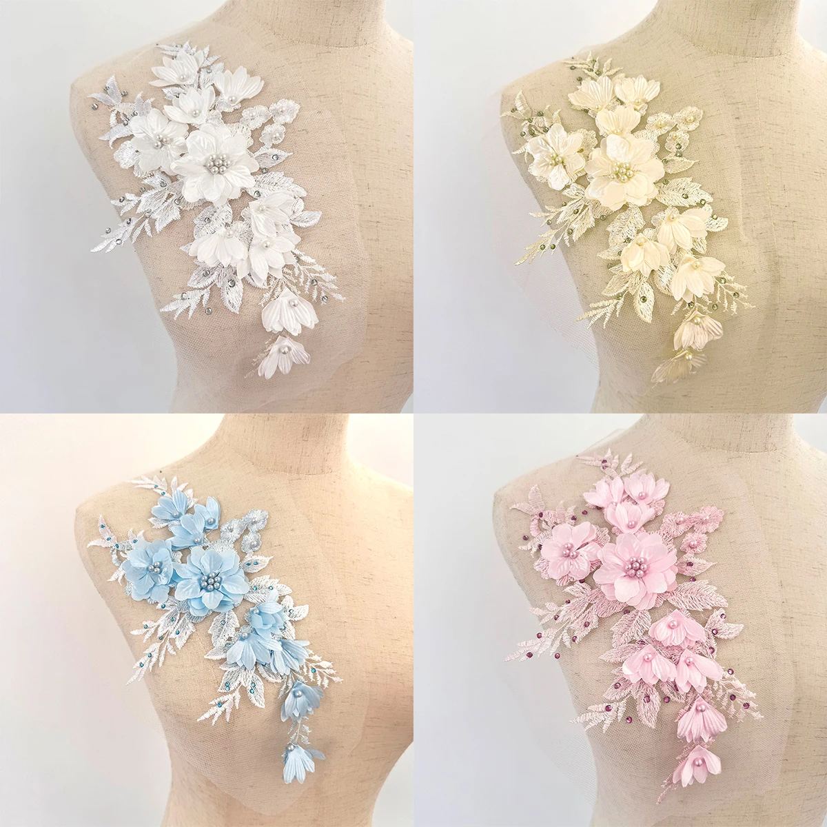 1 Stück 3D-Blumen-Spitzenstickerei-Applikation, Perlenbesetztes Netz, Blumen-Applikation für Hochzeitskleid, Kleidung, DIY-Dekoration