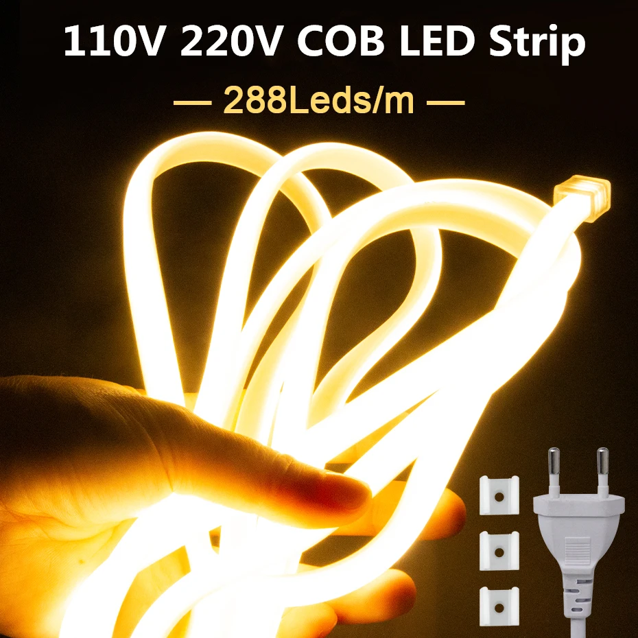 

Waterproof COB Led Strip 110V 220V High Brightness 288Leds/m 20m 30m 50m Soft Flexible Led Cob Tape Indoor Outdoor Lighting