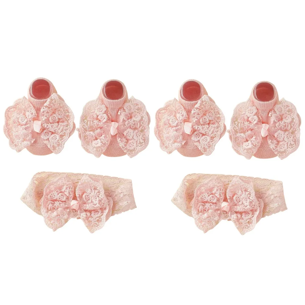 

2Set Lace Bow Baby Headband Socks Set Soft Korean Style Baby Floor Sock Kawaii Breathable Princess Infant Headwear Boy Girl