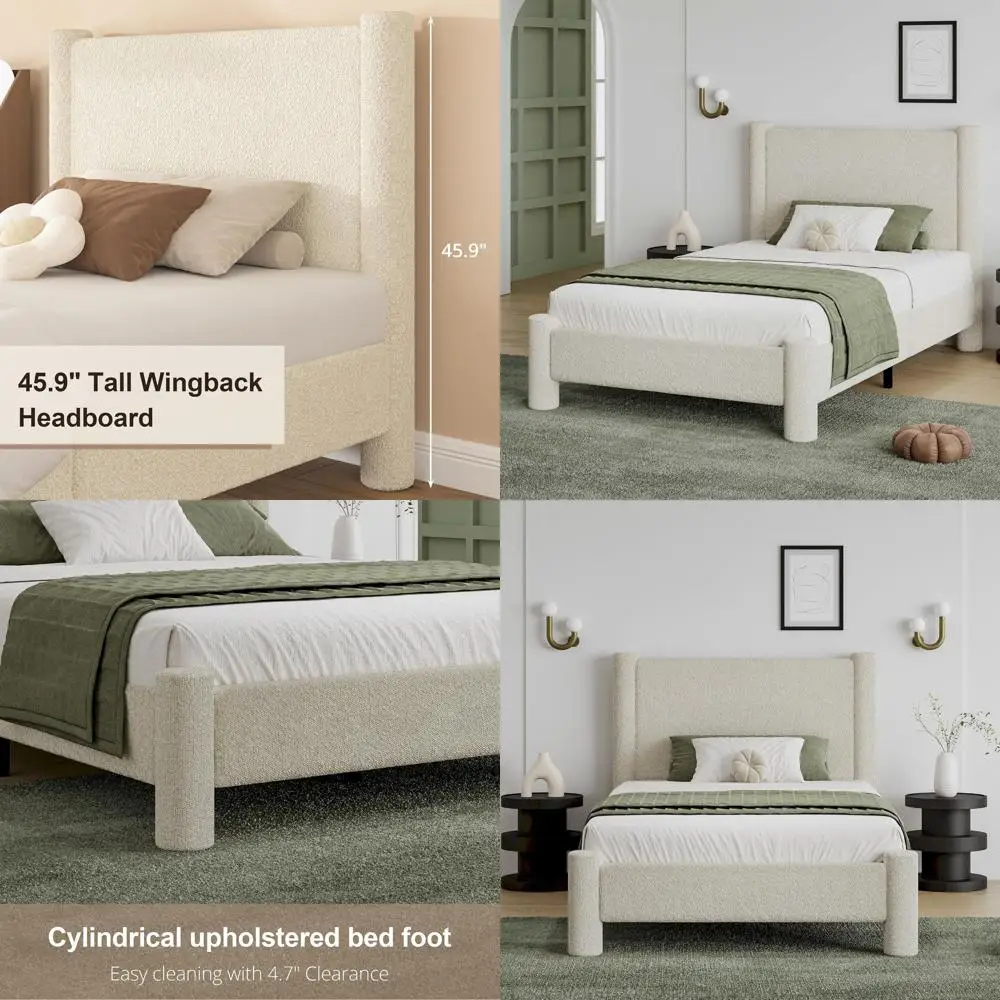 

Кремовая двуспальная кровать-платформа с обивкой из букле, с основанием и оттоманкой, не требует пружинного блока, простая сборка