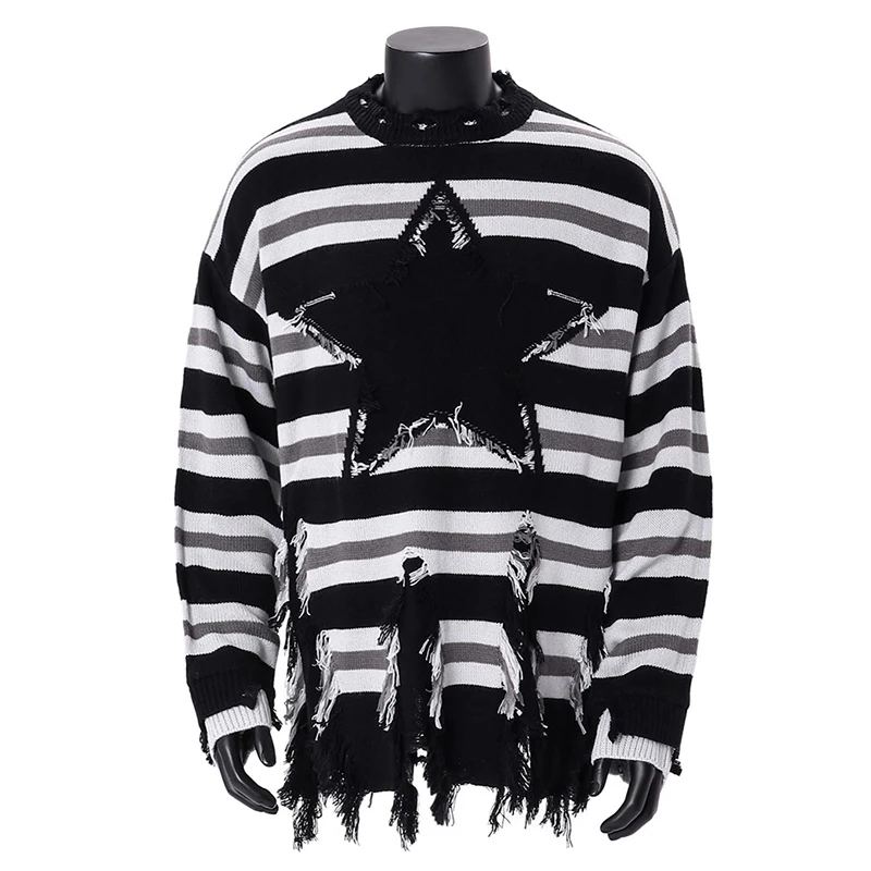 Stylish Star Striped Knitted Tops Men Sweater 2025 Spring Fall Fashion O Neck Long Sleeve Sweater Mens Vintage Ripped Sweaters