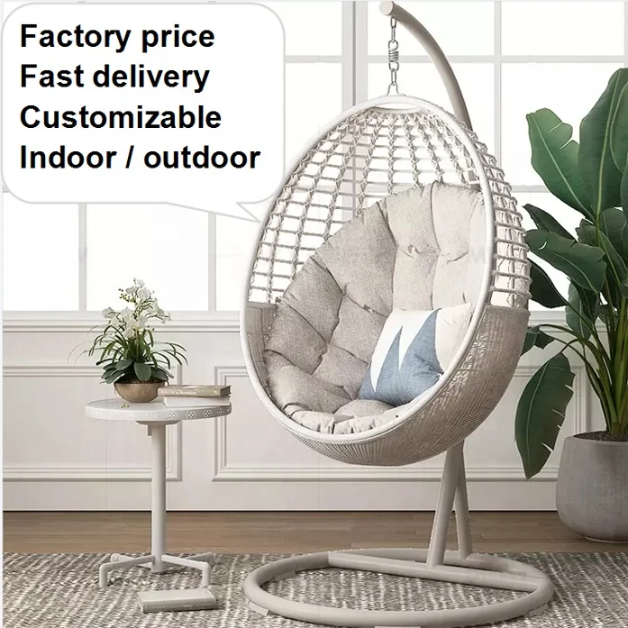 White Garden Furniture Metal Rattan Outdoor Terrace Balcony Egg-Shaped Nest Basket Adult Wicker Glider with Bracket