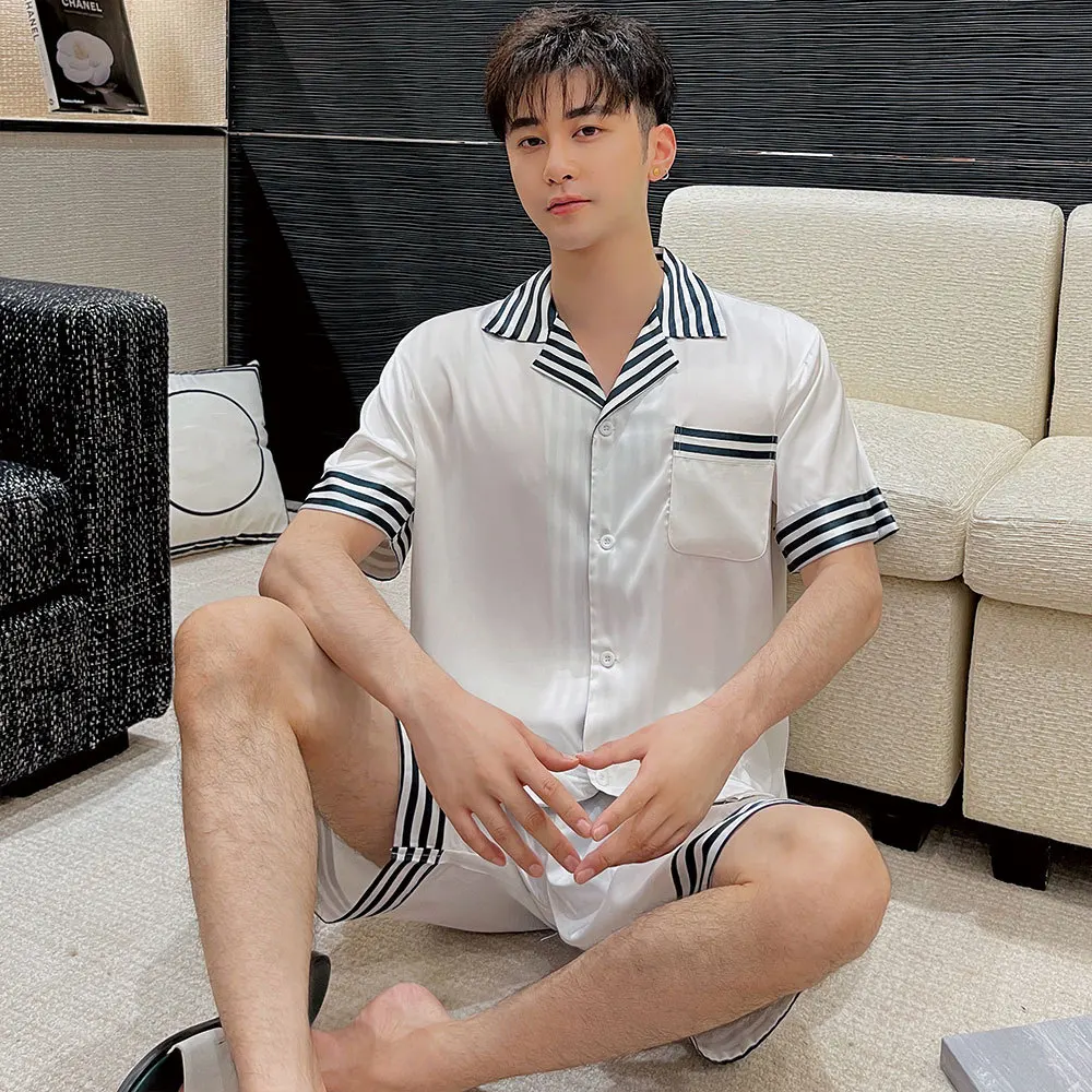 Autumn Men Satin Striped Turn-Down Collar Short Sleeve Shirt Shorts Pijama Sleepwear Pajama Nightwear Homewear