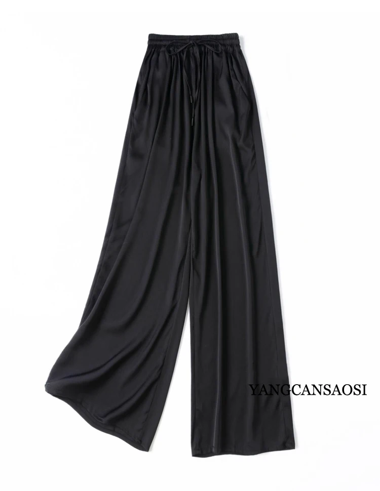 Vertical Naked Feeling 93% Natural Mulberry Silk Elastic Double Qiao Satin Elastic Waist Women's Fashionable Wide Leg Pants