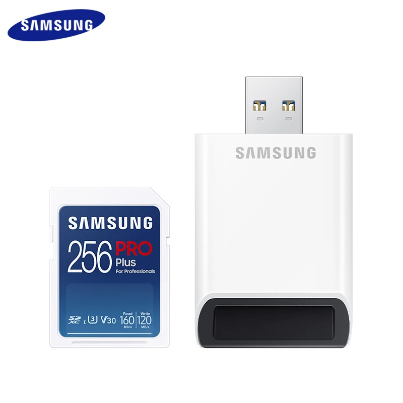 

SAMSUNG SD Memory Card PRO PLUS with USB Reader 128GB 256GB V30 U3 SDXC Card for Camera UHS-I SD Card Up to 180Mb/s