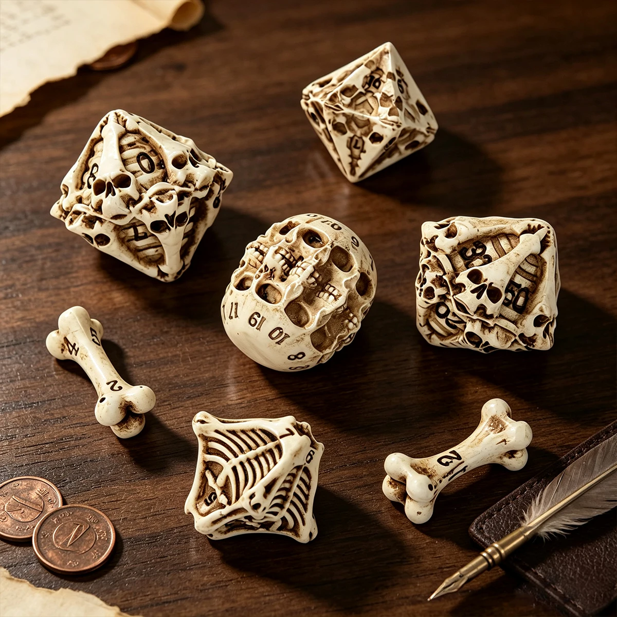 7-teiliges Set aus geschnitzten polyedrischen Würfeln im Knochen-Schädel-Design, Retro-Hohlskelett-Würfelsets für Tabletop-RPG-Party-Brettspiele – Detail 13