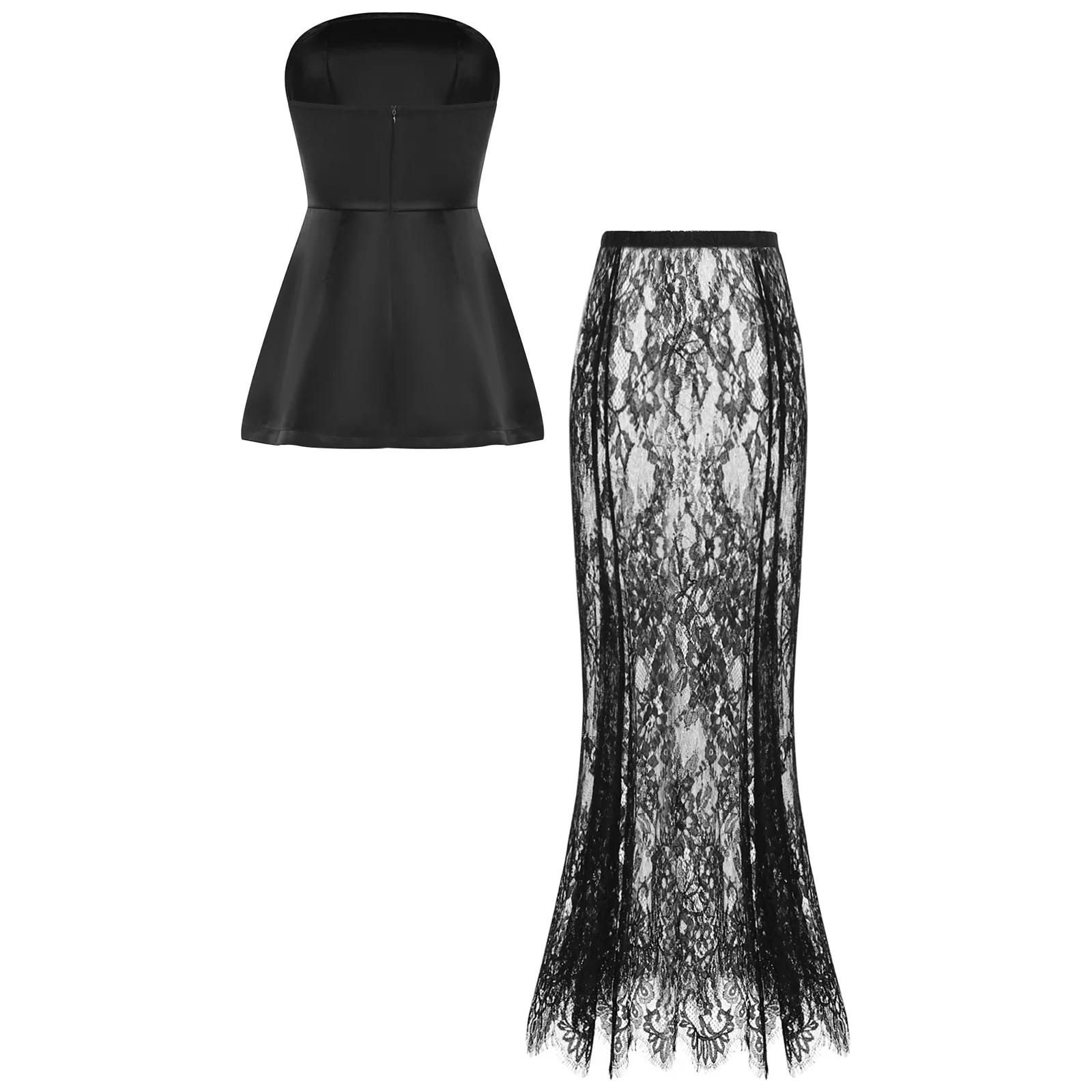 Damska sukienka mini bez ramiączek w kształcie litery A i przezroczysta, kwiatowa koronkowa spódnica maxi, 2-częściowy zestaw sukienek na wieczorne przyjęcia, wesela, stroje damskie.