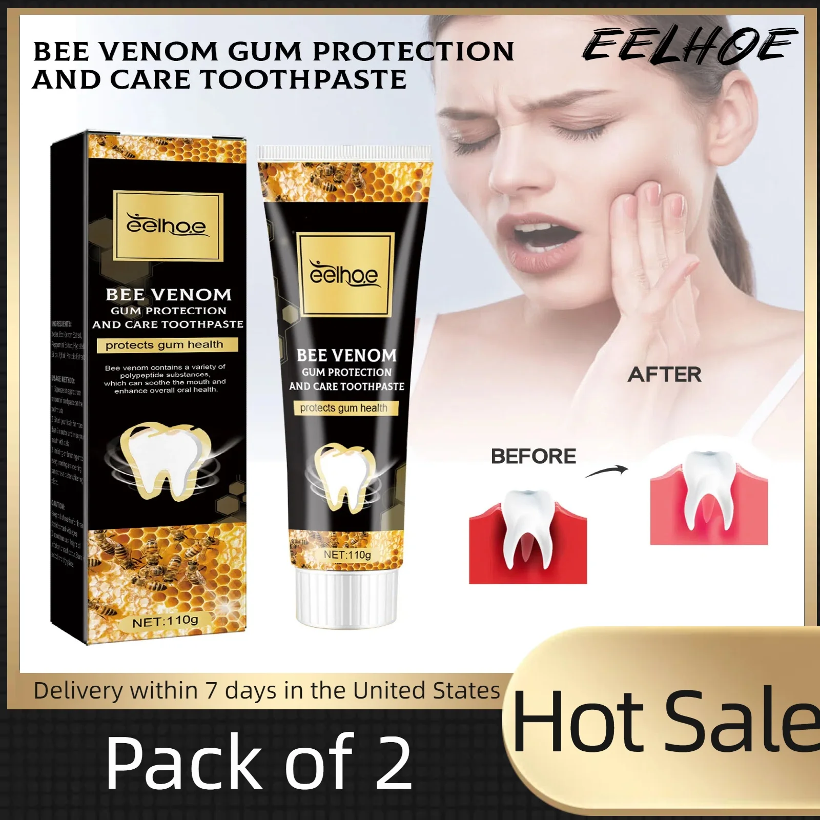 2pcs Bee Venom Gum Protection Toothpaste Whitening Toothpaste Tooth Cleaner Remove Yellow Teeth Remover Fresh Breath Dental Care