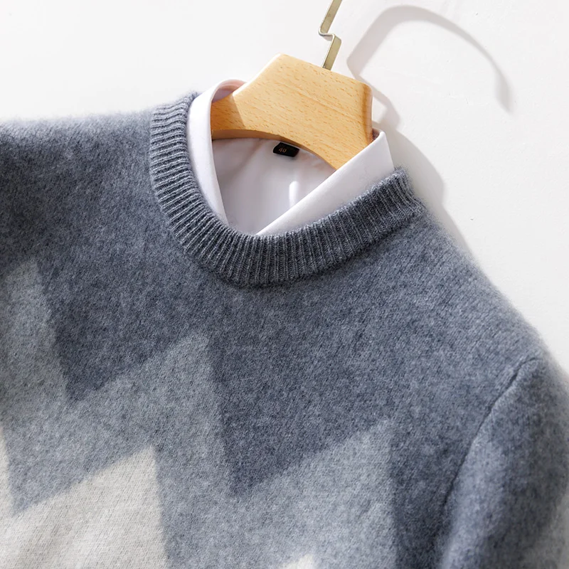 Autumn Winter 100% Merino Wool Men‘s O-Neck Color-Blocking Sweater Pullover Cashmere Long Sleeves  Soft Casual Clothing Top