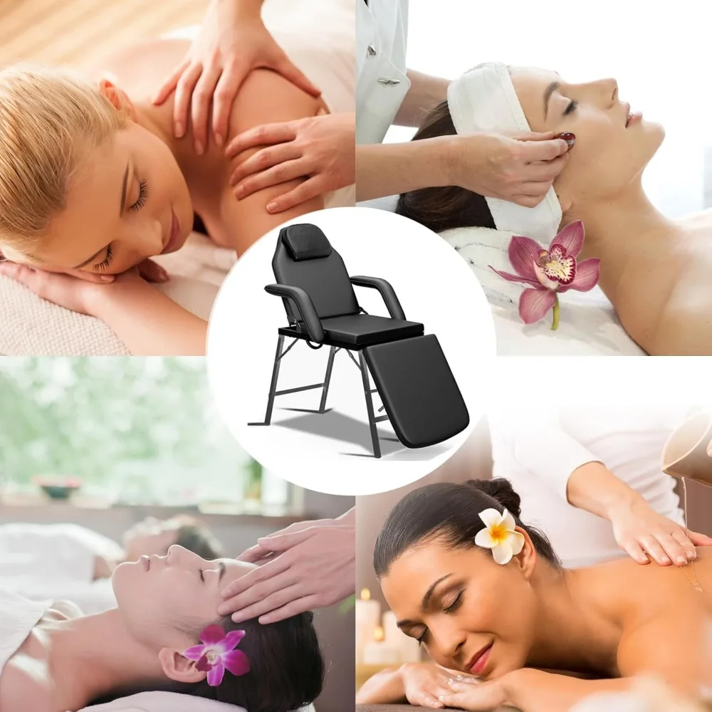 Cama facial de massagem ajustável, encosto de cabeça e braços destacáveis, cadeira de tatuagem portátil para lojas de tatuagem de massagem profissional
