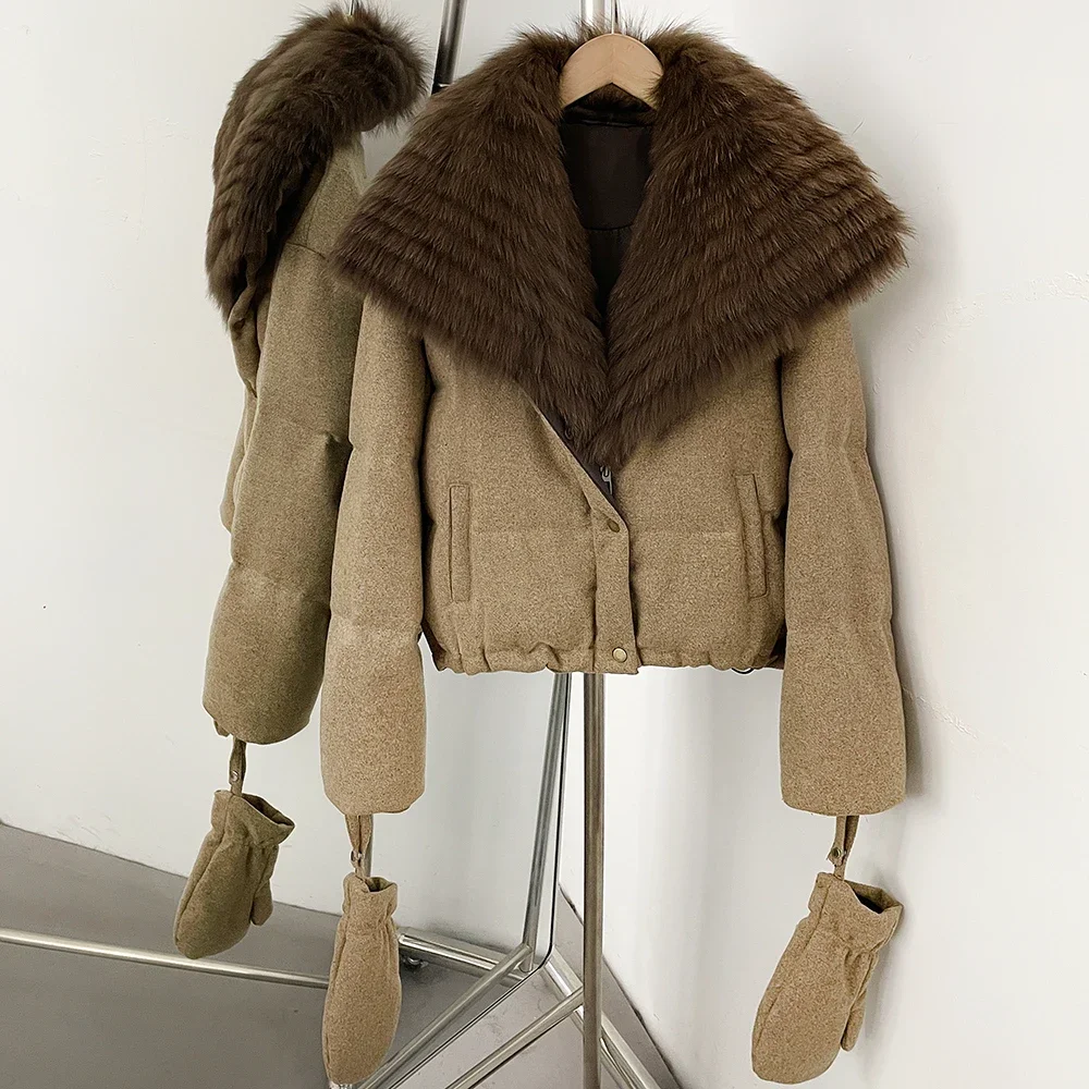 OFTBUY Duck Down Coat with Matching Gloves New Winter Warm Outerwear with Real Fox Fur Women Luxury Wool Blend Puffer Jacket