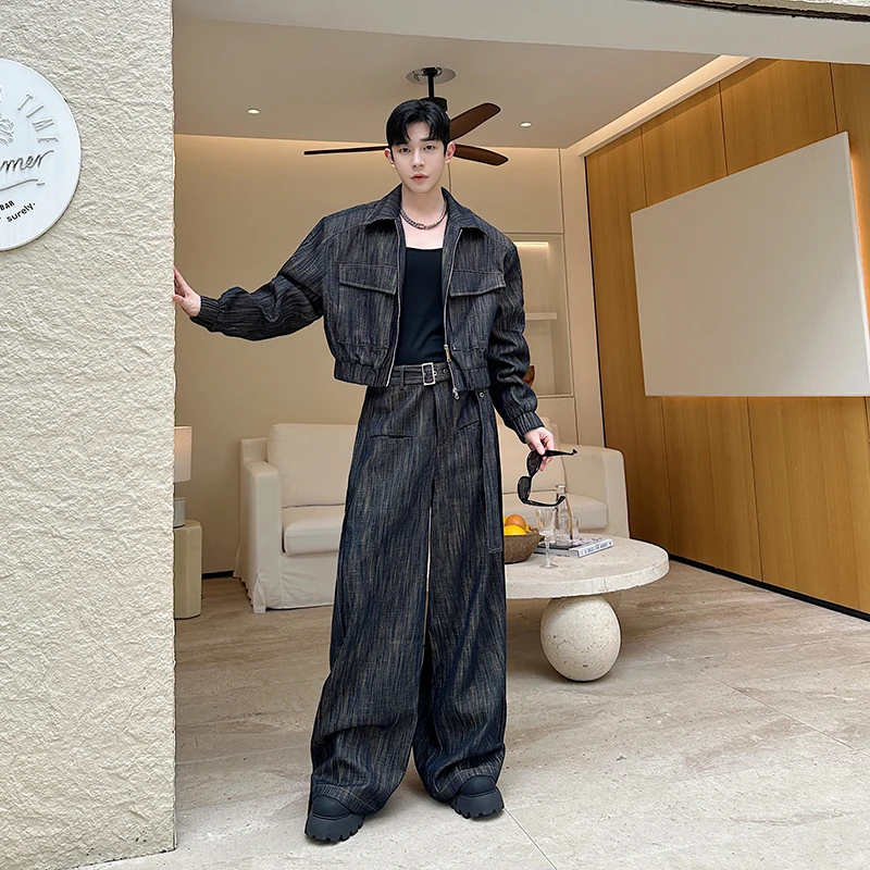 

Denim Set men 2025 Distressed Denim Set Short Lapel Jacket Cargo Pockets Straight Wide Leg Long Jeans Innovative Front Pockets