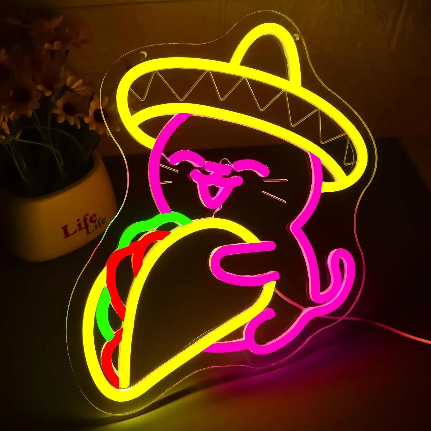 Tacos Cat Neon Sign LED Light For Man Cave Mexican Restaurant Tequila Bar Game Room Bedroom Living Room Party Birthday Decor