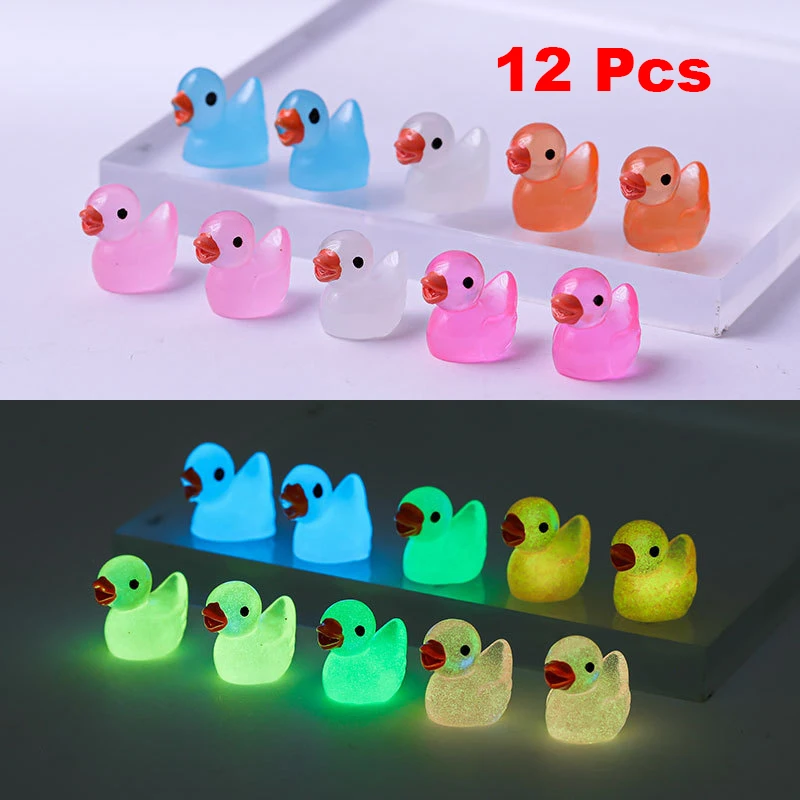 12 Pcs Creative Colorful Luminous Duckling Doll Micro Landscape Ornaments Resin Crafts Ornaments Cartoon Duckling Car Decoration