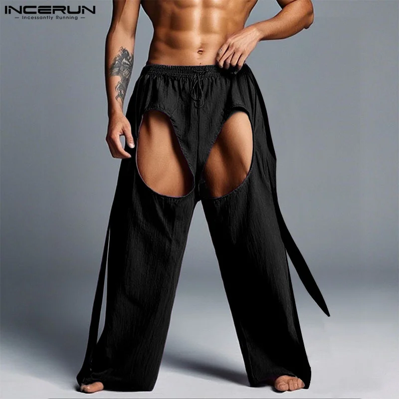 

INCERUN Men Pants Solid Color Drawstring Joggers Loose Trousers Men Hollow Out Streetwear 2025 Fashion Male Long Pants S-5XL