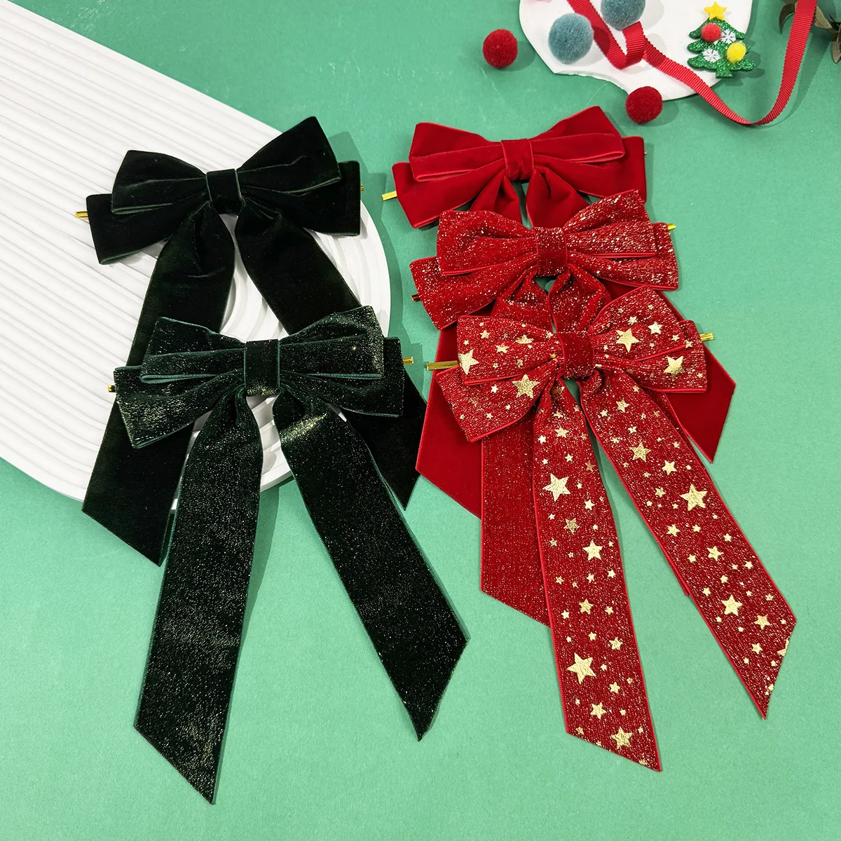 30pcs Red 5.5" Long Tassel Velvet Bow Hair Clips Glitter Star Hairgrips for Women And Girls Christmas Themed Bulk Pack