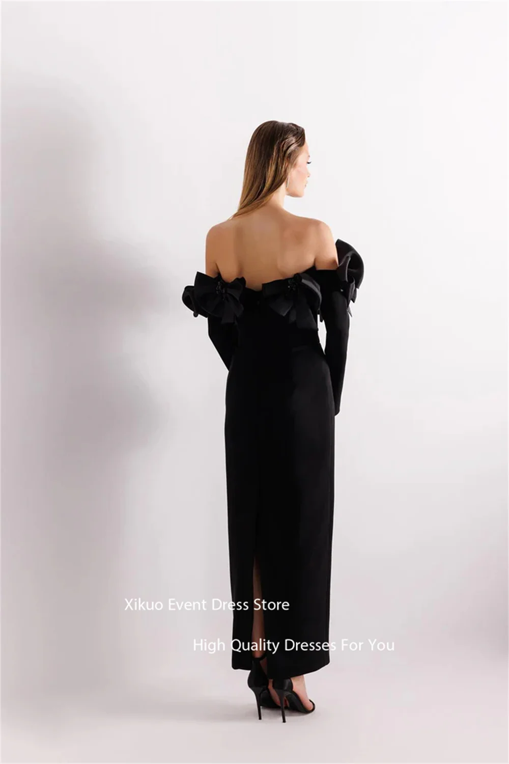 Xikuo-vestido de noche de perlas con lazo negro, largo hasta el tobillo, sirena, vestidos de celebridades con hombros descubiertos, Abiti Da Cerimonia Donna personalizado