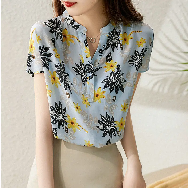 Fashion V-Neck Short Sleeve Printed Chiffon Blouses Women's Clothing 2025 Summer New Loose All-match Tops Commuter Shirts