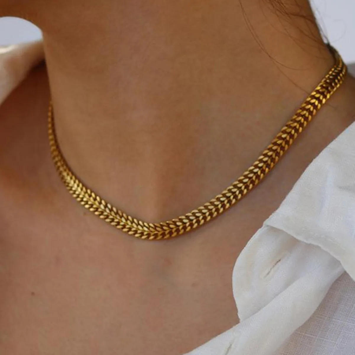 1Pc Minimalist Stainless Steel Herringbone Chain Necklace Gold Plated V-Shape Choker Daily Wear Jewelry for Women