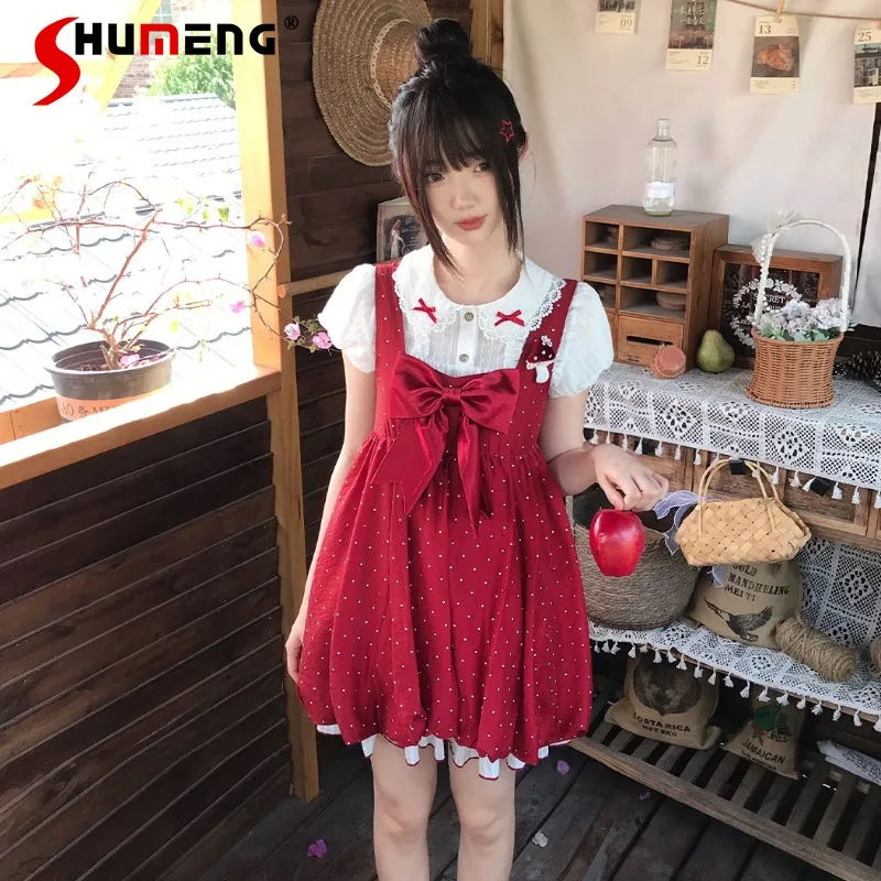 

Charming Lovely Girly Doll Style Single-breasted Shirt Red Polka Dot Petal Dress Top Student Ladies Big Bow Stylish Wear Dresses
