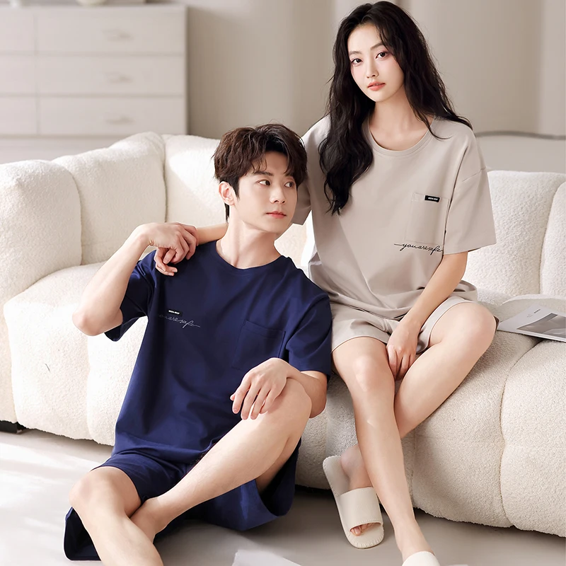 High Quality Summer Couple Pajama Set Men and Women 100% Cotton Casual Short Sleeve Pyjamas With Chest Pad