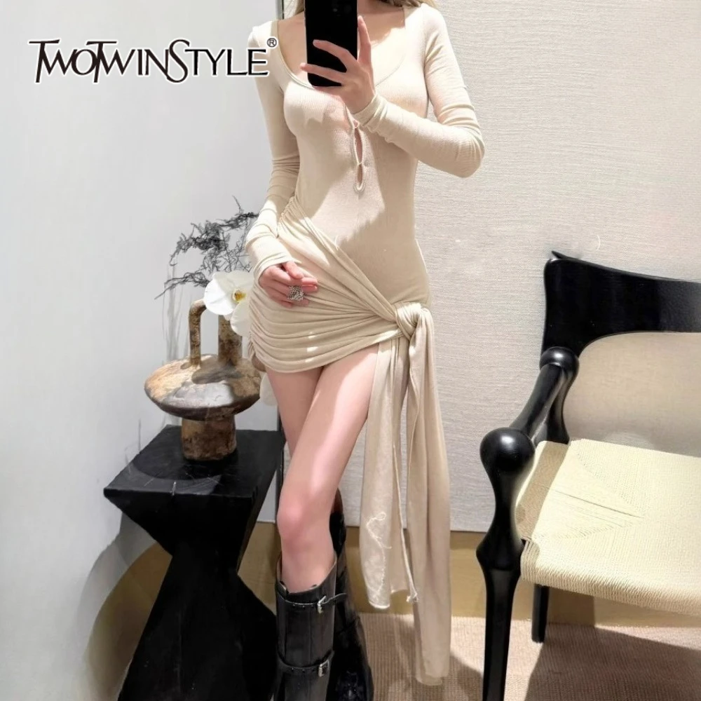 

TWOTWINSTYLE Slimming Spliced Lace Up Sexy Dresses for Women Square Neck Long Sleeves Patchwork Folds Mini Dress Female Fashion