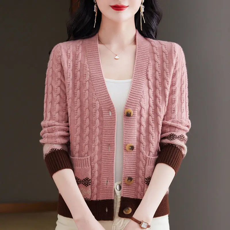 Knits Spring and Autumn New V-neck Sweater Coat Loose Wear Versatile Fried Dough Twists Knit Underlay Cardigan