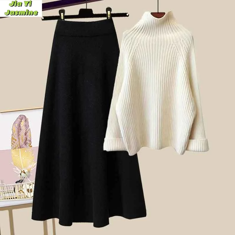 

2024 Women's New Autumn/Winter Gentle Half High Collar Knitted Sweater Slimming Half Skirt Set