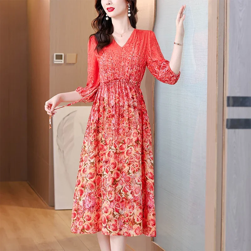 2025 봄 여름 꽃 실크 미디 드레스 여성 빈티지 Boho 패션 캐주얼 라이트 드레스 한국어 우아한 럭셔리 축제 Vestidos