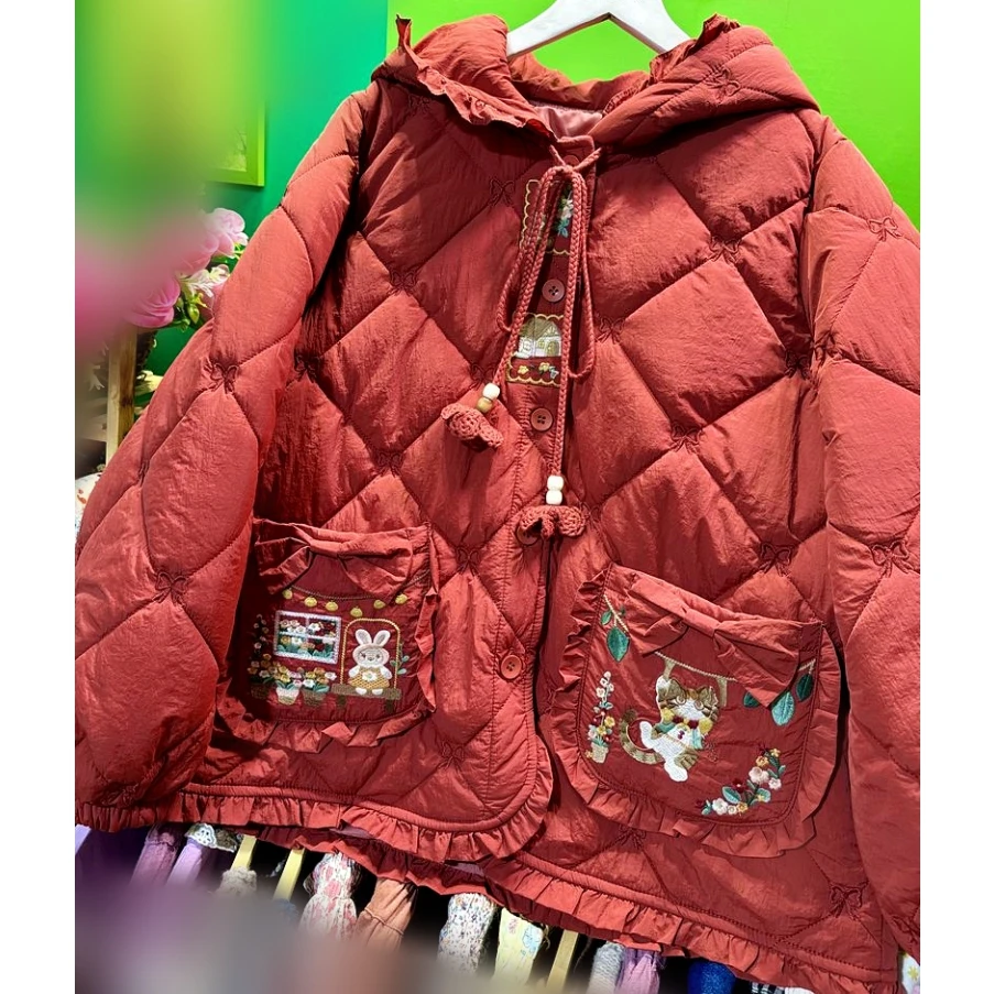 

Зимнее корейское модное милое стеганое пальто с капюшоном и рюшами в стиле Харадзюку, женское повседневное пальто Mori Girl Kawaii, милое пальто в стиле Лолиты в стиле рококо, парки