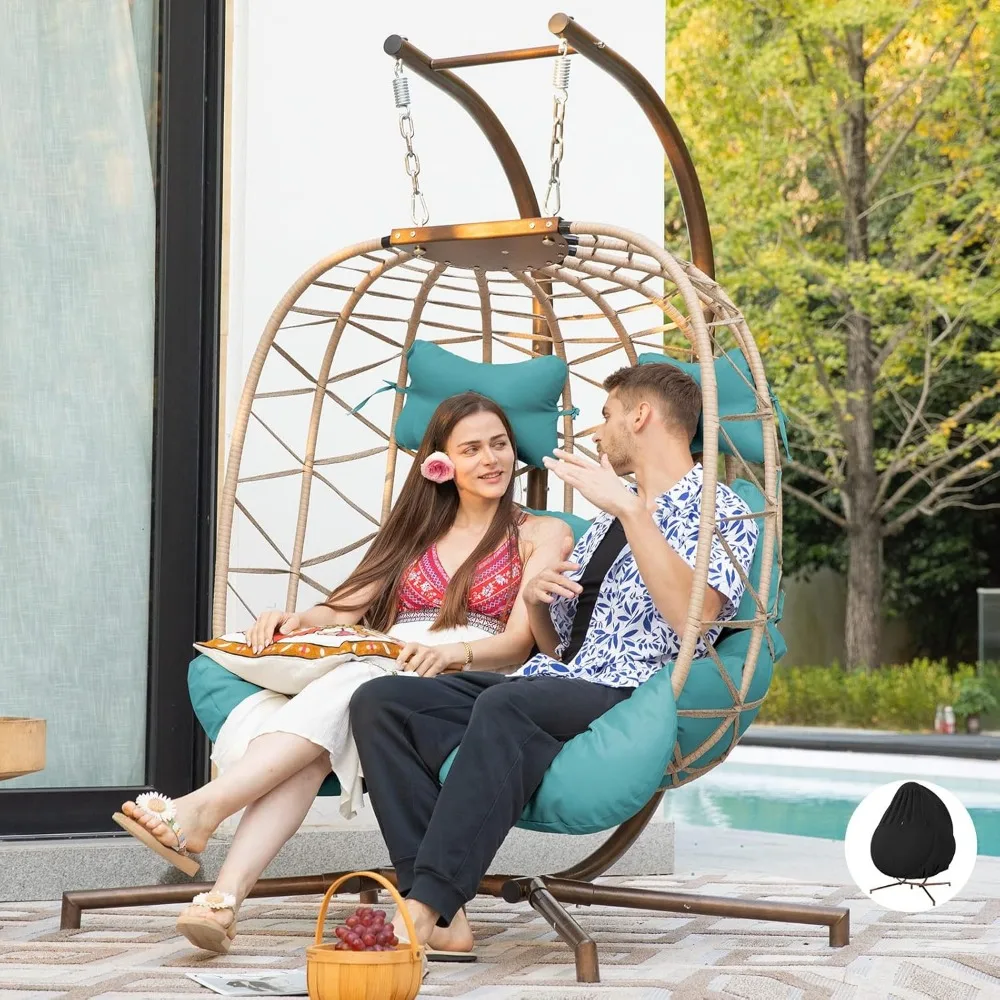 

Double Egg Chair Outdoor Indoor, Oversized Swing w/Stand for 2, All-Weather Rattan Hanging Loveseat Comfy, 700 LBS Patio Swingi