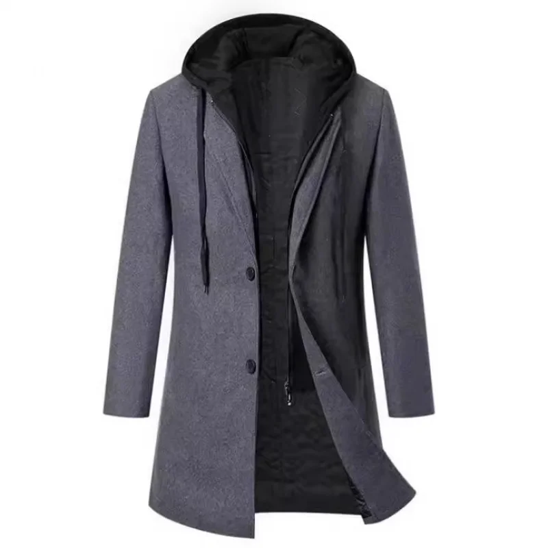 

Business Simplicity Mid-Length Woolen Coat Autumn Winter False-Two-Piece Quilted Hooded High-End Men's Duster