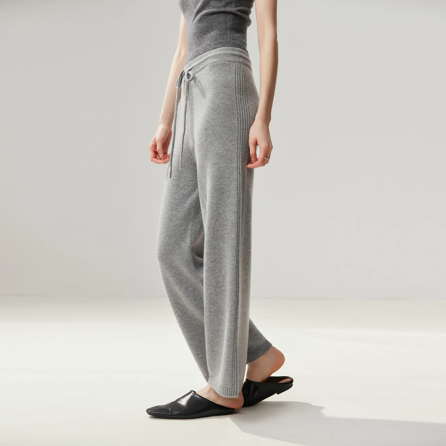 Women Cashmere Straight Pants Side Jacquard Drawstring Elastic Waist Trousers 100% Cashmere Knitted Thicken Pants Autumn Winter