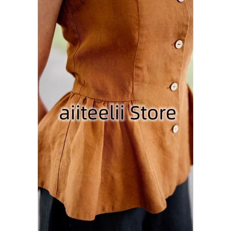 Women's Vest Linen Solid Color Rustic Style Elegant Single Breasted Stand Collar Slim Skirt Fashion Fit Casual Cropped Top Coat