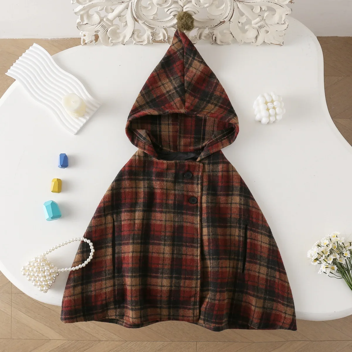 Girls Plaid Double-Sided Wool Blend Cape Coat – Reversible Winter Poncho, Warm Outerwear for Toddlers & Kids