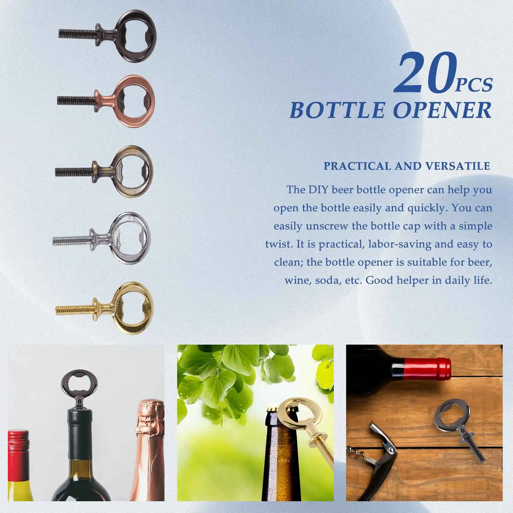 Premium-20Pcs Metal Bottle Opener Blanks Stainless Steel Bottle Opener Inserts Kit Threaded Beer Opener Hardware,5 Colors