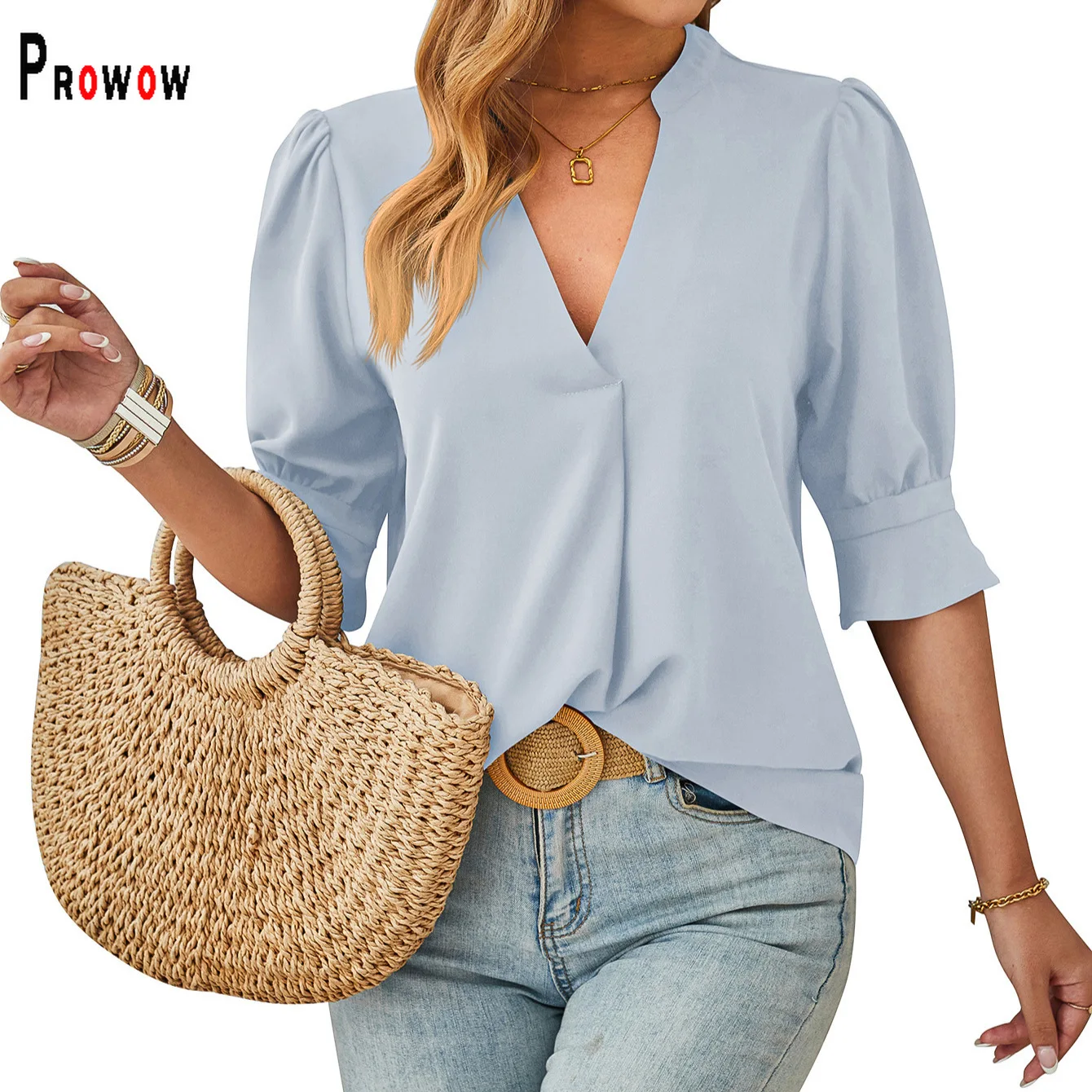 Prowow Casual Women Blouses Blue Half Sleeve Slim Fit Office Lady Tops Clothes V-neck Red Summer Female Shirts Brown