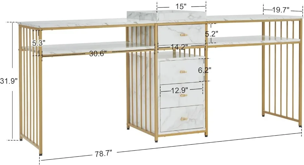 BarberPub acetonbestendige nageltafel, dubbel manicurebureau voor tech, bureau met metalen frame, salonopslag