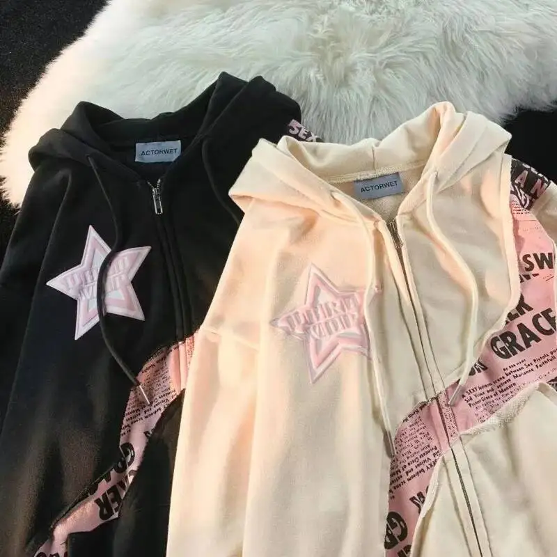 

2025 Letter Print Sweatshirts Gothic Streetwear Vintage Loose Patchwork Tops Coats Zip Up Hoodies Women Harajuku Hip Hop Top