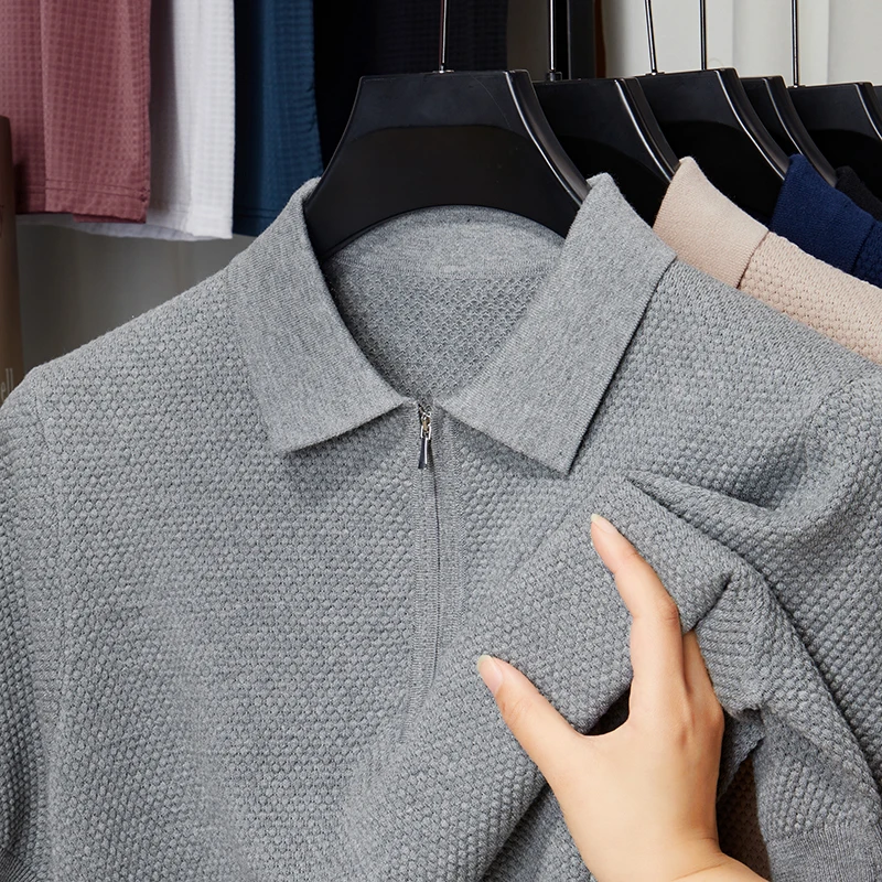 

New Trendy Men Zipper Knitwear 2025 Summer Spring 100% Pure Cototn Knit Polos Shirt Short Sleeve Tops Male Breathable Knit Shirt