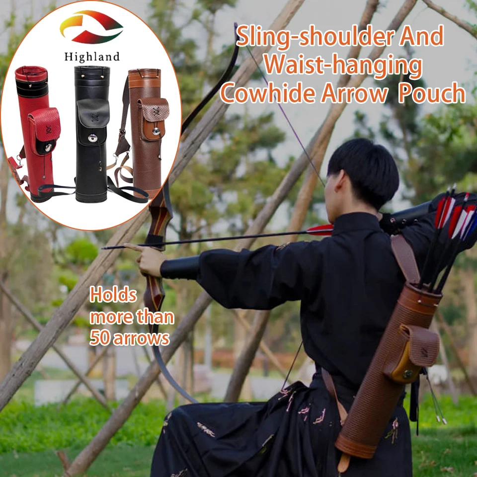 52CM Cowhide Arrow Pot Shoulder Back Quiver Bow Leather Arrow Holder with Large Pouch Handmade Straps Belt Holds 50 Arrows