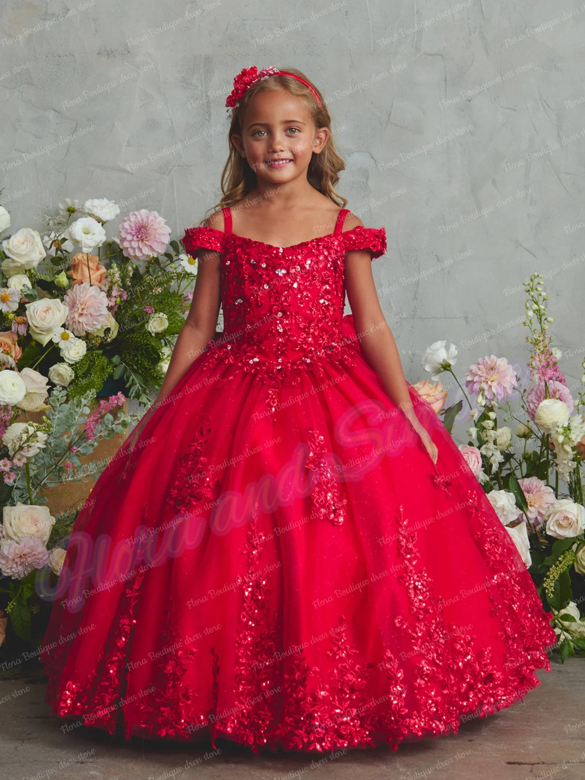 Red Customized Princess Flower Girl Dress for Wedding Lace Appliques Floor Lenght Kids Birthday Party First Communion Gown