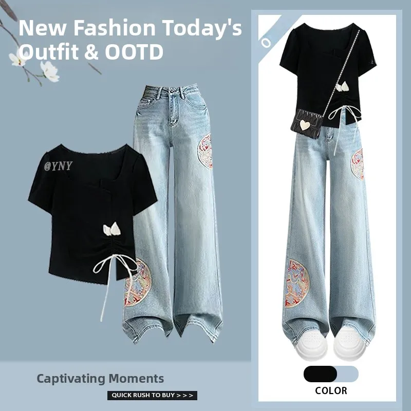 Set di jeans ricamato Ele Top e jeans con colletto quadrato da donna Nuovo set di due pezzi cinese Sle Summer Faion