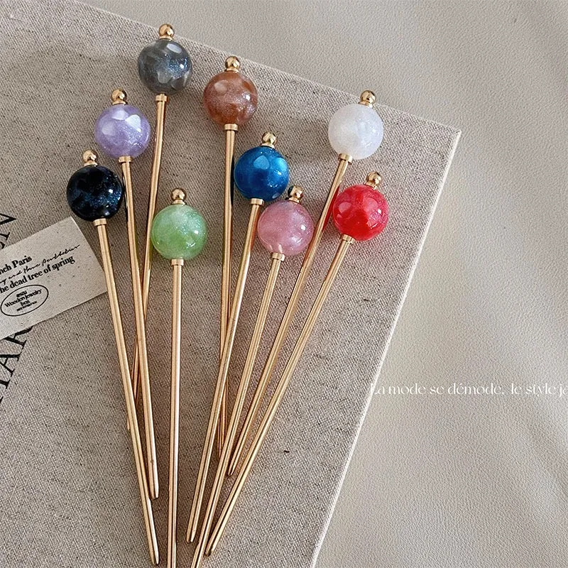 Colored Round Ball Metal Hairpin Styling Tools Retro Chinese Style Hair Stick Candy Color Personality Girls Headwear Accessories