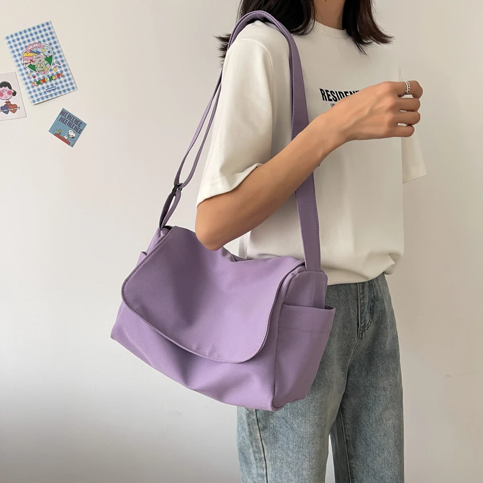 Canvas Women's Bag Eco Bag Korean Shoulder Bag Shopper Messenger Bag Y2K Handbag University Satchel Purple Crossbody Pockets Ins