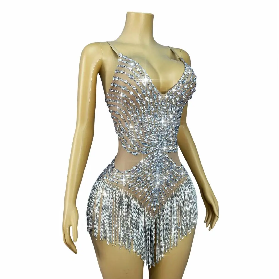 Women Sexy Sparkly Rhinestone Tassel Mesh Bodysuit Night Club Party Singer Stage Luxury Outfit Latin Dance Show Wear Shuiliuli