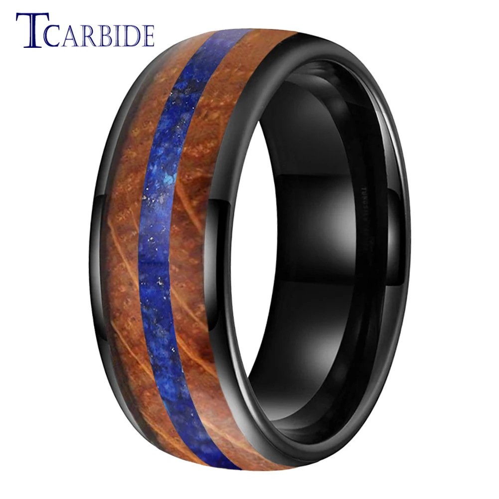 8MM Men Women Tungsten Wedding Band Ring Whiskey Barrel Oak Wood And Crushed Lapis Lazuli Inlay Fashion Gift Jewelry Comfort Fit